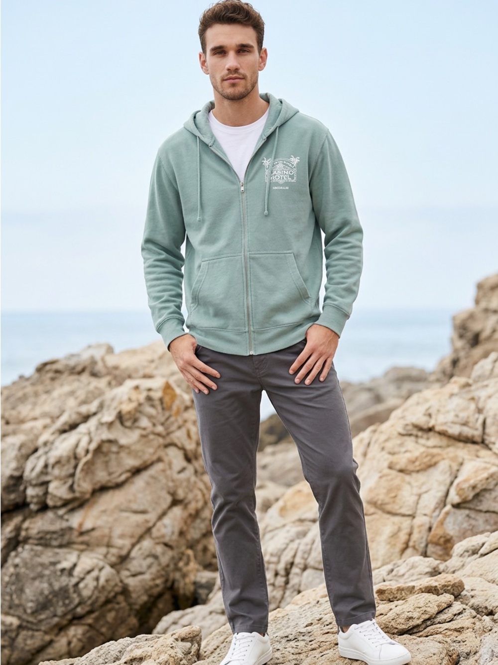 Men's Zip Front Hoodie in Sage Green